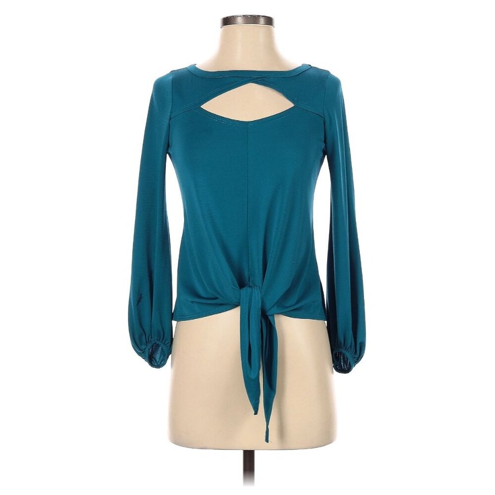 Boston Proper Teal Cutout Waist Tie Balloon Sleeve Top Size S Stretch‎ Shirt